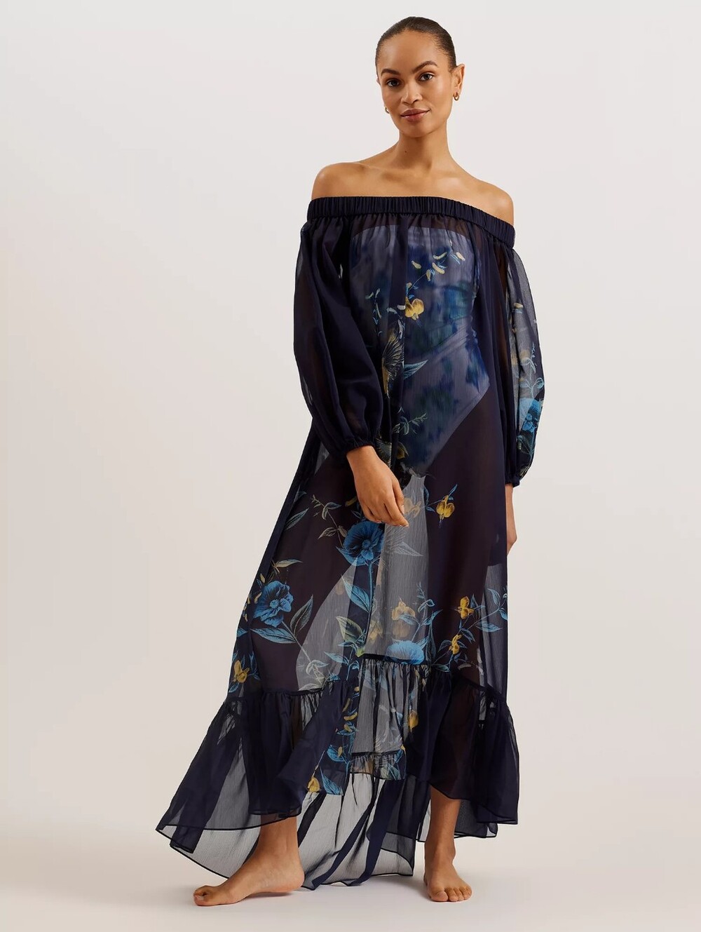 Off-Shoulder Navy Floral Cover UP